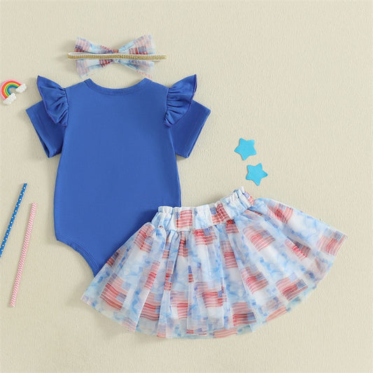 Newborn 4th of July Outfits Girls 3PCS USA American Flag Romper Skirt with Bowknot Headband - ChildAngle