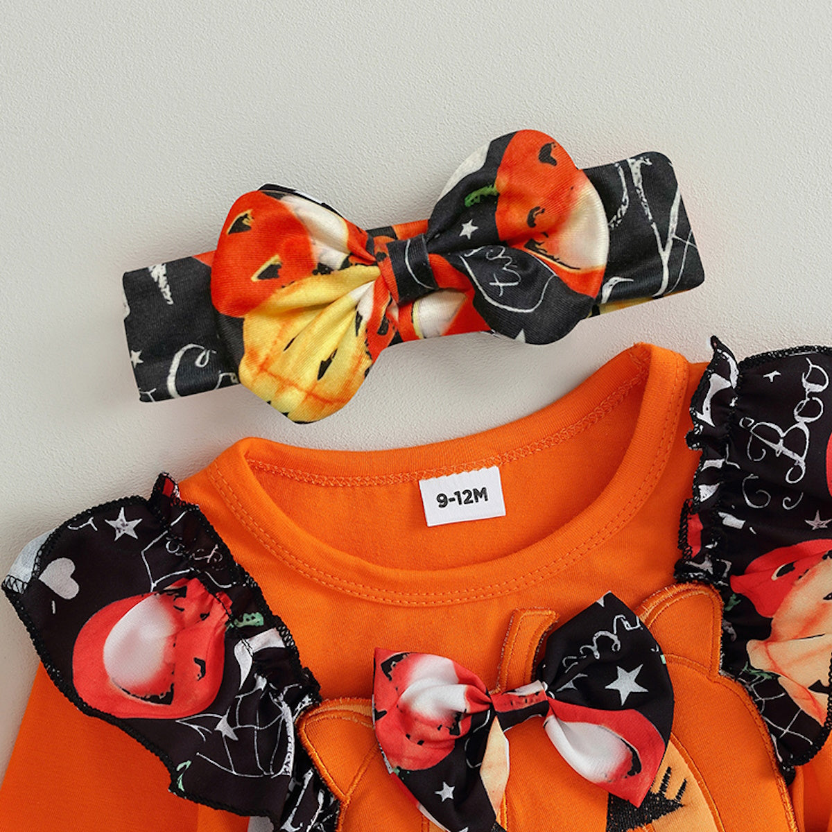 2PCS Halloween Pumpkin Print Long-sleeve Baby Skirt Set with Headband - ChildAngle
