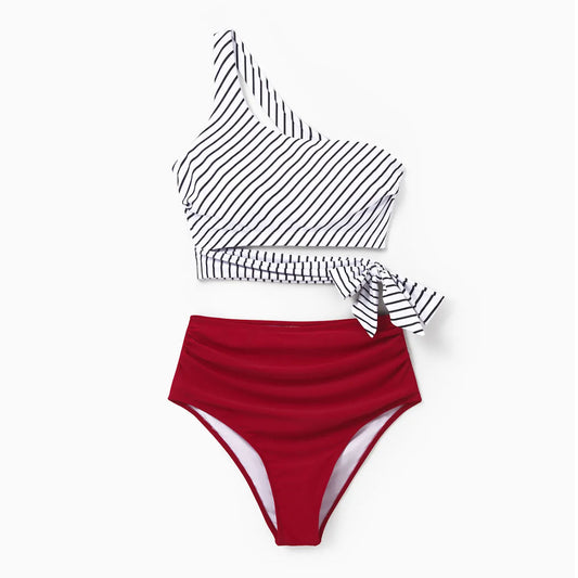 One Shoulder Striped Bikini Ruched Bikini Two Piece Family Matching Swimsuits and Striped Colorblock Drawstring Swim Trunks - ChildAngle