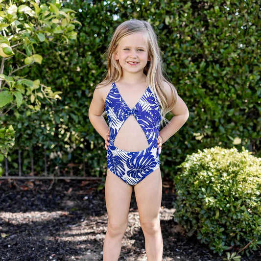 Palm Leaves Front Cutout One Piece Monokini Family Matching Swimsuits and Palm Leaves Drawstring Swim Trunks - ChildAngle