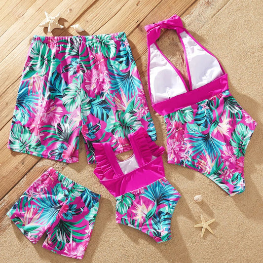 Pink Tropical Leaves Halter Backless One Piece Family Matching Swimsuits and Tropical Drawstring Swim Trunks - ChildAngle