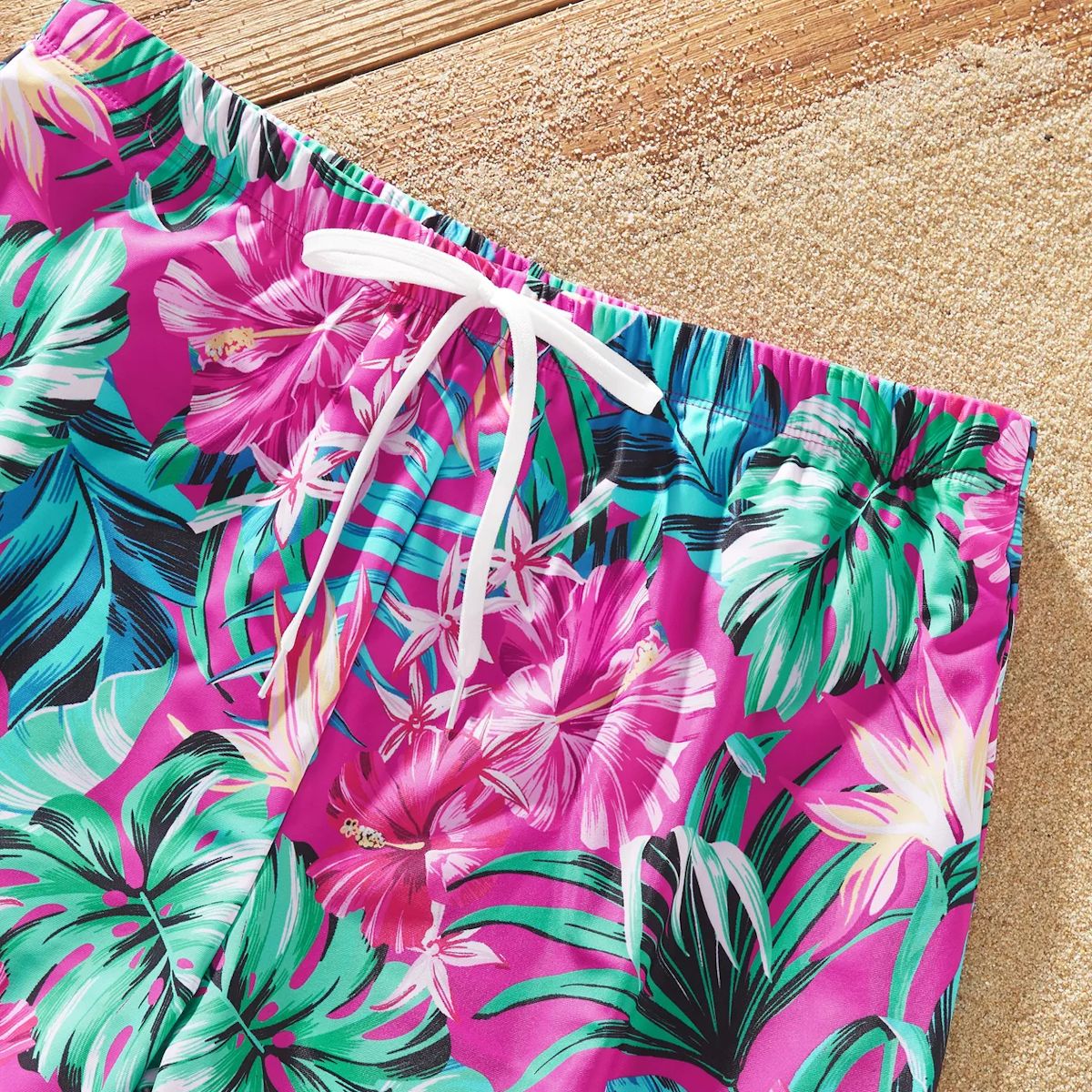 Pink Tropical Leaves Halter Backless One Piece Family Matching Swimsuits and Tropical Drawstring Swim Trunks - ChildAngle