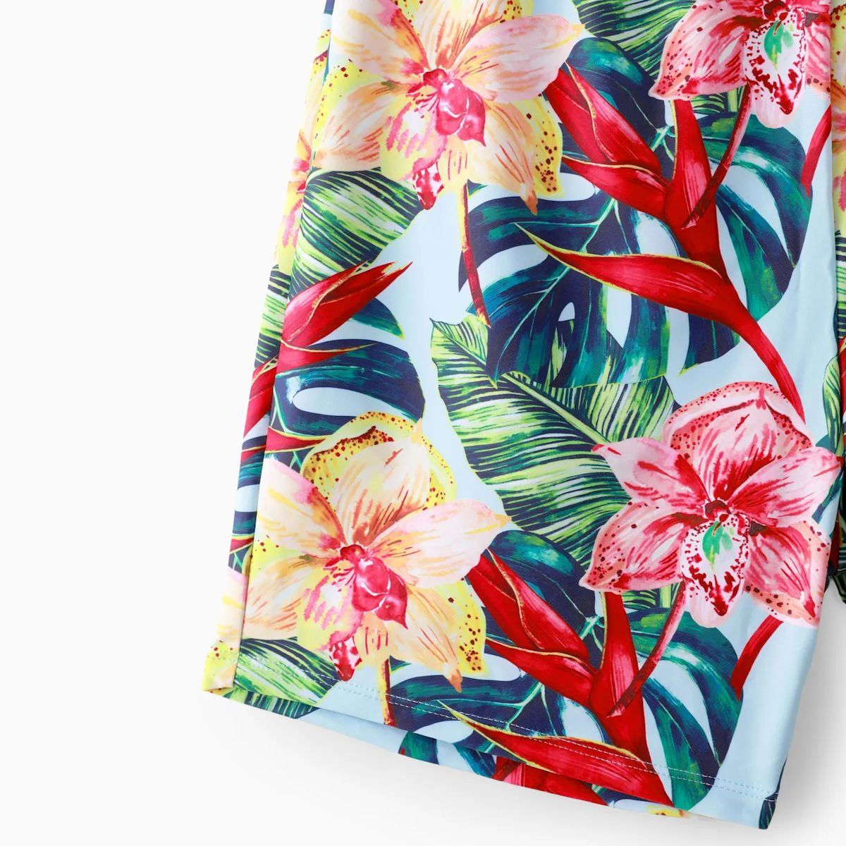 Red Matching Floral Scallop Bikini Set Family Swimsuits and Floral Drawstring Swim Trunks - ChildAngle