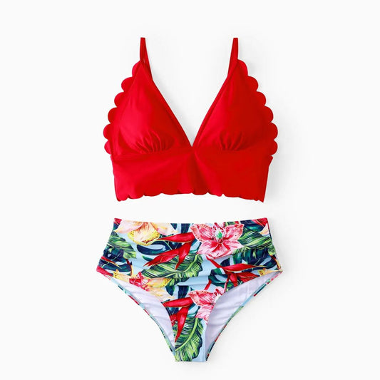 Red Matching Floral Scallop Bikini Set Family Swimsuits and Floral Drawstring Swim Trunks - ChildAngle