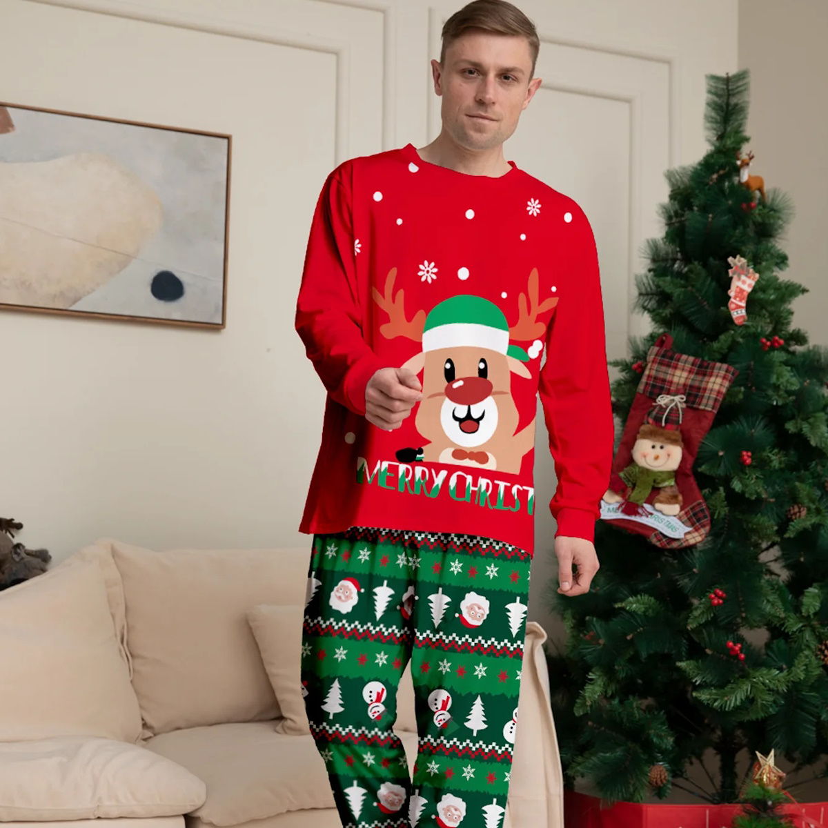 Rudolph Green Santa Hat Family Matching Christmas PJS Pyjamas Set for Whole Family - ChildAngle