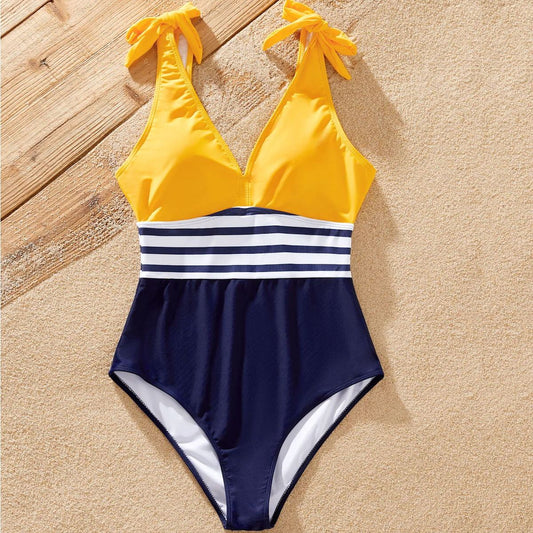 Striped and Colorblock Shoulder Tie Family Matching Swimsuits and Colorblock Striped Drawstring Swim Trunks - ChildAngle
