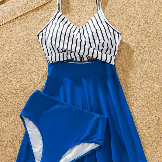 Striped Cross Top Back Tie Tankini Set Swimwear Family Matching Swimsuits and Colorblock Striped Drawstring Swim Trunks - ChildAngle