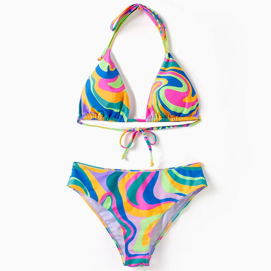 Tie Dye Triangle Halter Bikini Set Family Matching Swimsuits and Tie Dye Drawstring Swim Trunks - ChildAngle