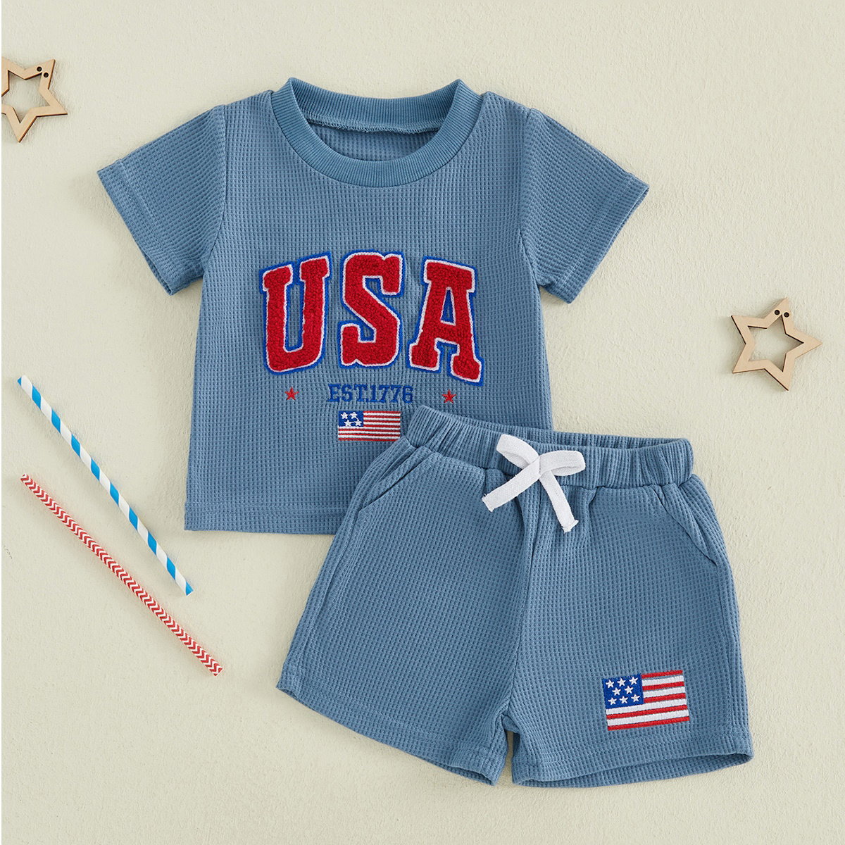 Blue Toddler Boys American Flag Stripde Tops and Shorts - ChildAngle