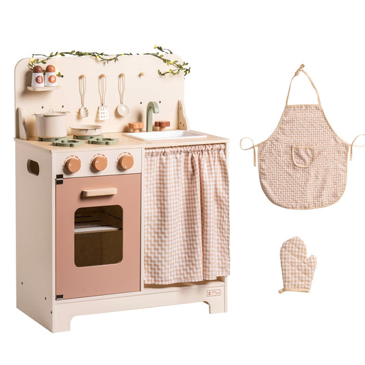 11 in 1 Wooden Play Kitchen Set Cream Color Kitchen with Curtain