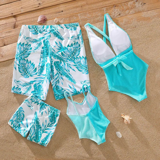 Family Matching Swimsuit Banana Leaves One Piece Color Block Swimsuit and Swim Trunks - ChildAngle