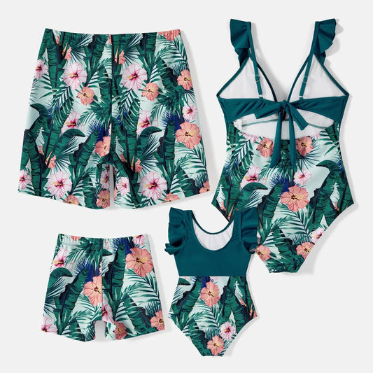 Family Swimwear Swimsuit Floral and Leaf Print Mom Dad Boys Girls - ChildAngle