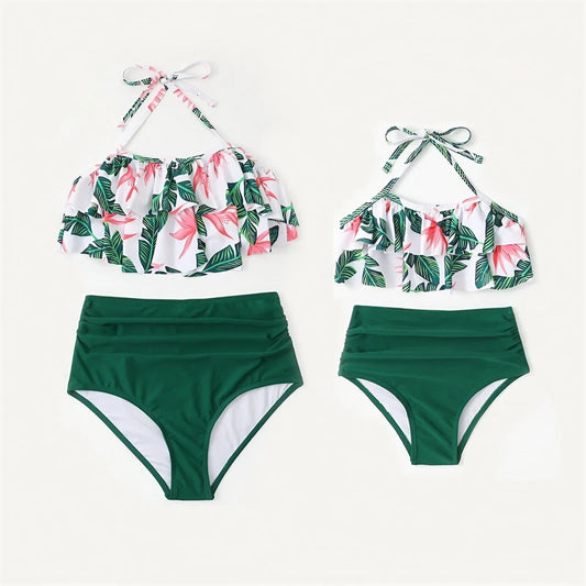 Family Swimwear Swimsuit Green Leaves Printing - ChildAngle