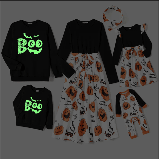 Glowing Family Matching Dress for Halloween Boo Pumpkin Skull Long-Sleeve Outfits - ChildAngle