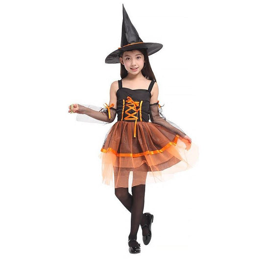 Halloween Dress Witch Skirt with Hat Kids Front Strap Skirt Cosplay Dress - ChildAngle