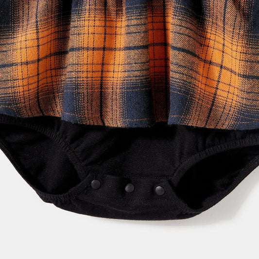 Halloween Family Matching Dress Plaid Long-sleeve Front Button Plaid Dresses and Pumpkin Graphic T-shirts Sets - ChildAngle