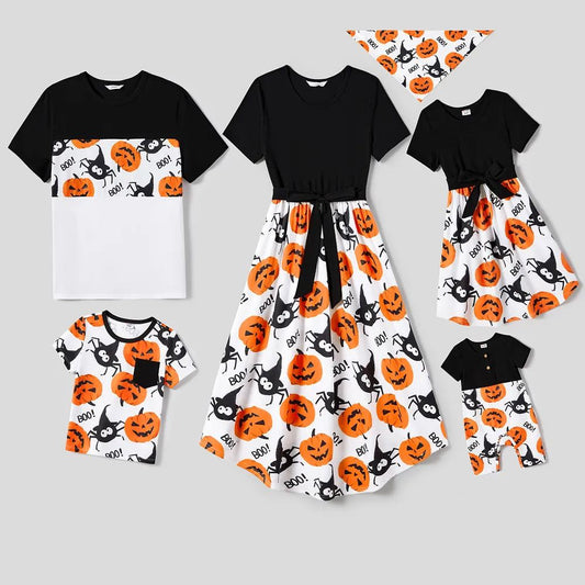 Halloween Family Matching Dress Pumpkin Dresses and Short Sleeve T Shirt Tops Sets - ChildAngle