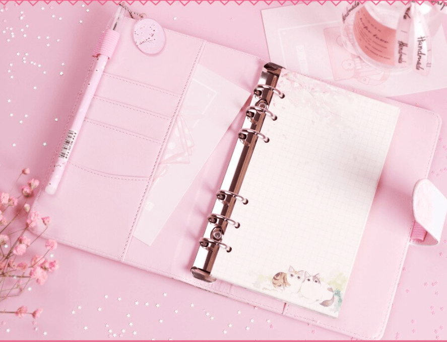 Kawaii Stationery Set Cherry Blossom Loose Leave Notebook Washi Tape Pen Set - ChildAngle