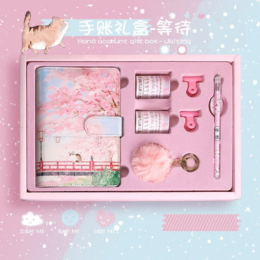 Kawaii Stationery Set Cherry Blossom Loose Leave Notebook Washi Tape Pen Set - ChildAngle