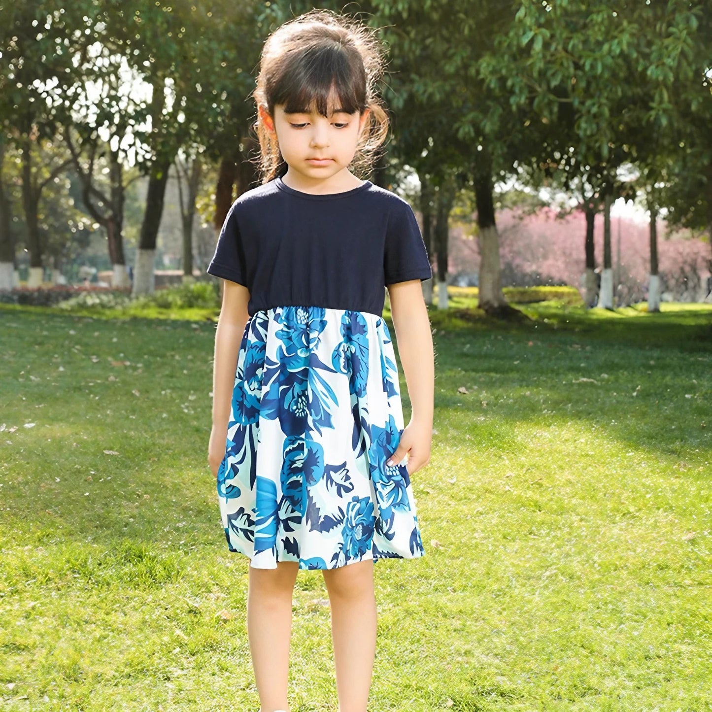 Matching Family Outfits Floral Print Dress Blue Denim Family Sets - ChildAngle