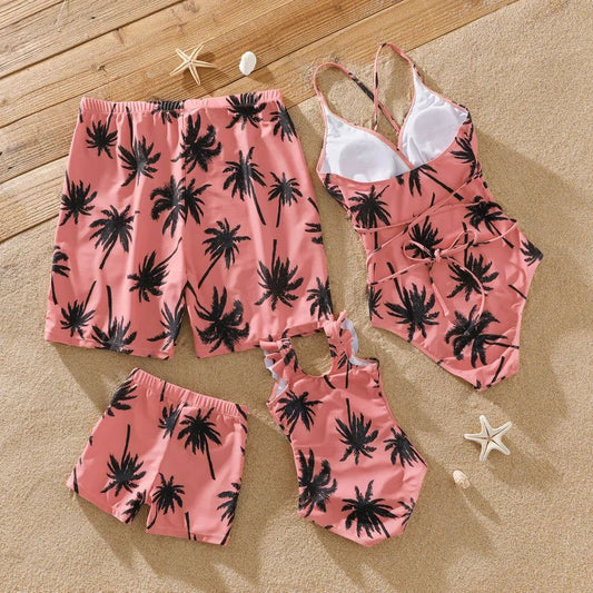 Matching Family Swimsuit Allover Coconut Tree Floral Pink One Piece Swimwear - ChildAngle