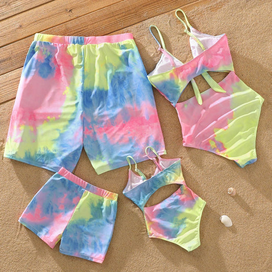 Matching Family Swimsuit Tie dye Bikini Set and Swim Trunks - ChildAngle