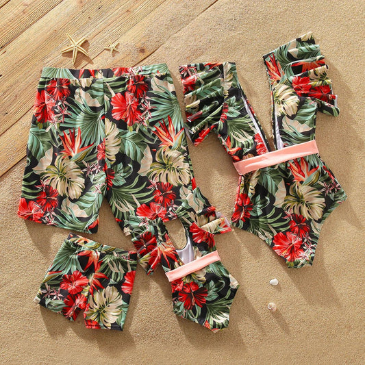 Matching Family Swimsuits Floral Print Red Waist Belt One-piece Bathing Suit - ChildAngle