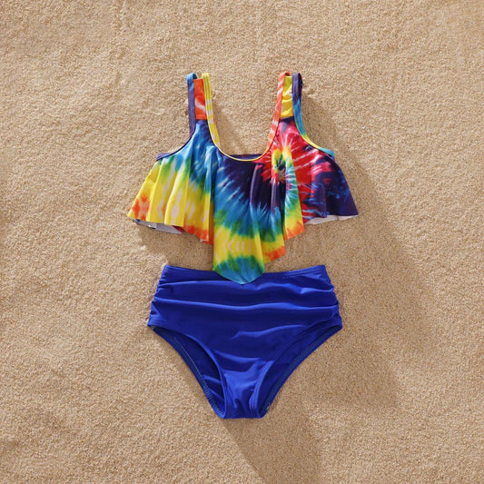 Matching Family Swimsuits Tie-Dye Flounced Off Shoulder Blue Colored Bathing Suits - ChildAngle