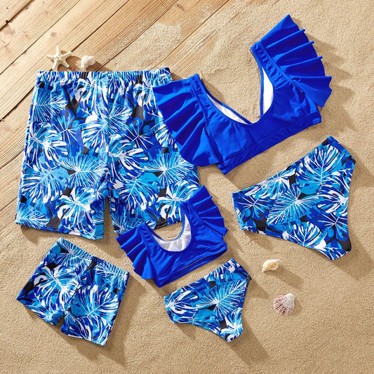 Matching Family Swimwear Blue Plant Floral Swimsuit - ChildAngle