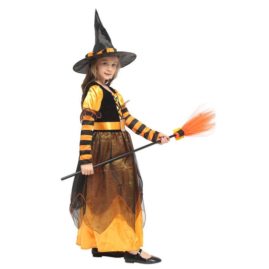 Orange Black Witch Costume Sorceress Costumes for Girls Halloween Party Cosplay Dress - ChildAngle