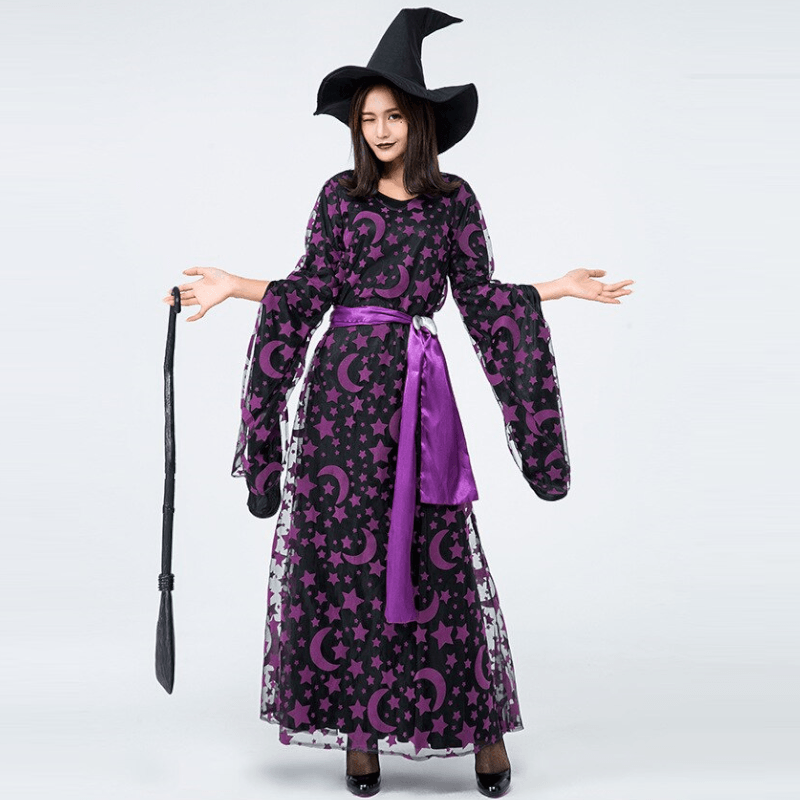 Purple Stars Moons Magic Witch Costume Kids Halloween Party - ChildAngle