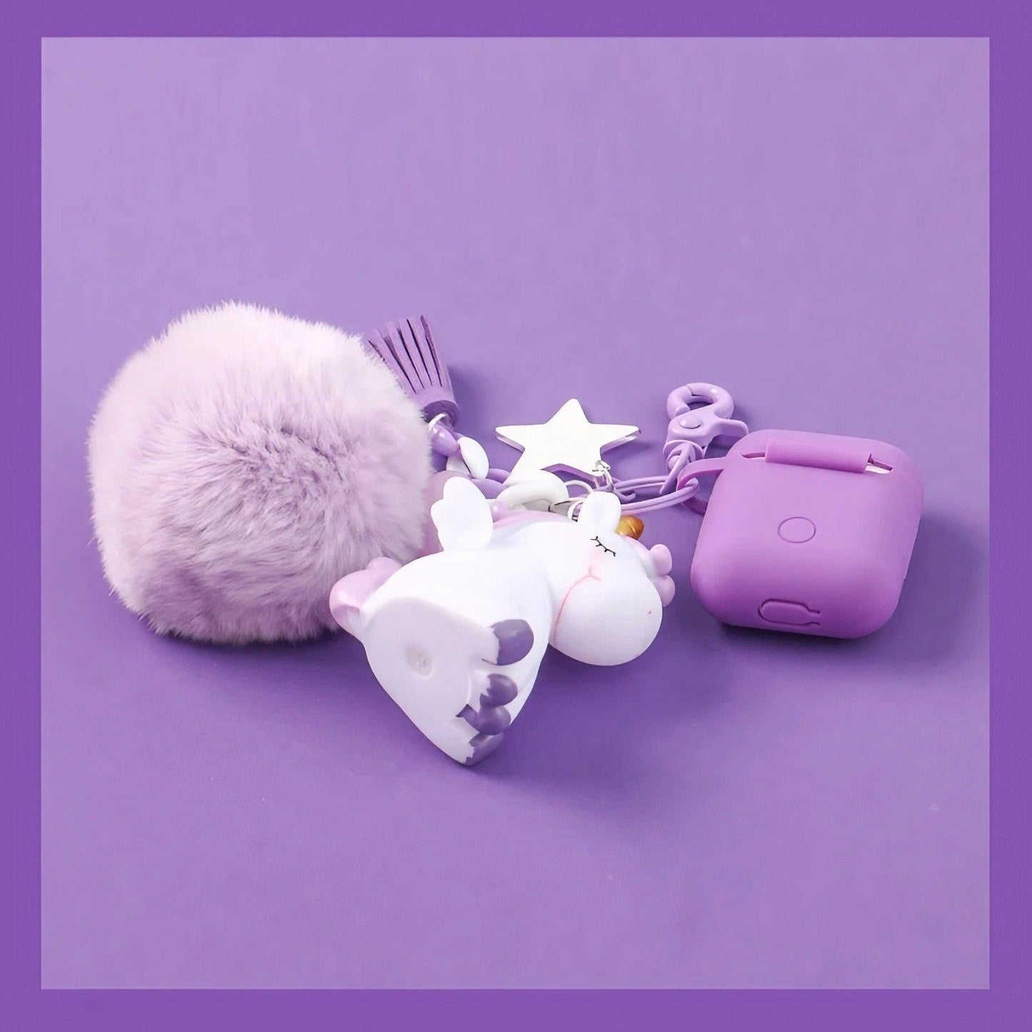 Solid Color AirPods Case with Unicorn Pendant and Pompon - ChildAngle