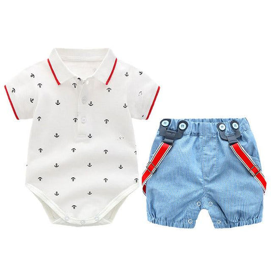 2 PCS Baby Boy Graphic Bowtie Romper Suspender Outfit for Boys - ChildAngle