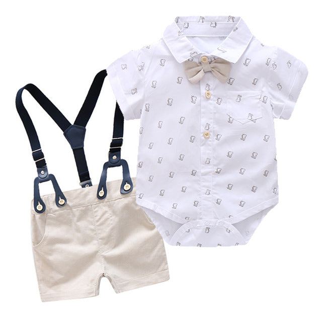 2 PCS Baby Boy Graphic Bowtie Romper Suspender Outfit for Boys - ChildAngle