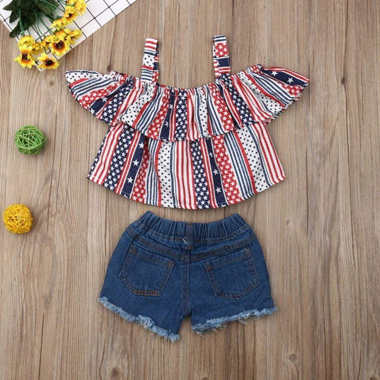 2 PCS Baby Girls 4th of July American Patriotic Outfit Halter Top Denim Shorts - ChildAngle