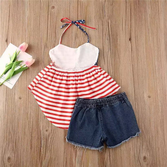 2 PCS Baby Girls Outfit Halter Tops Denim Shorts July 4th Clothes - ChildAngle