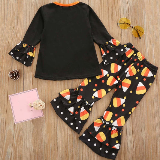 2 Pieces Toddler Girls Pumpkin Halloween Print Long Sleeve Top with Pants Set - ChildAngle