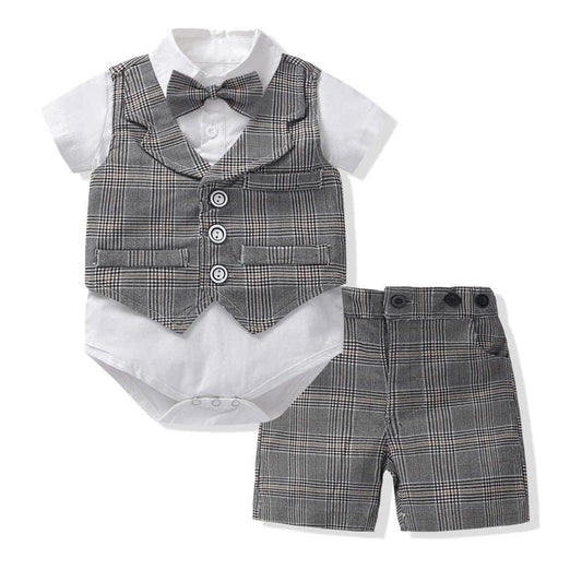 2PCS Baby Plaid Short Sleeves Romper Suspender Set for Toddler Boys - ChildAngle