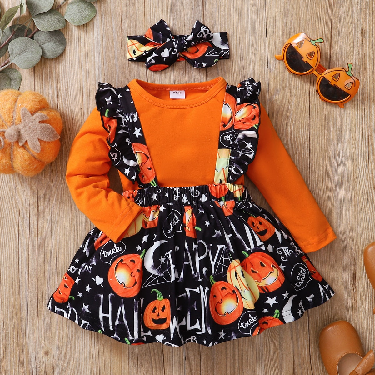 2PCS Halloween Pumpkin Print Long sleeve Baby Skirt Set with Headband ChildAngle