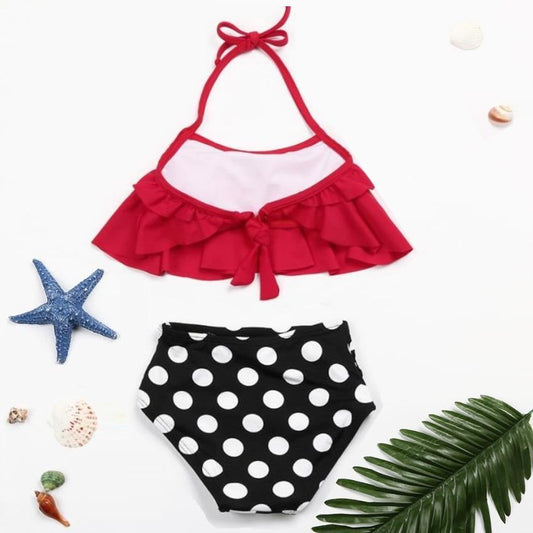 2PCS Red Ruffle Halter Bikini with Polka Dot Bottom - ChildAngle