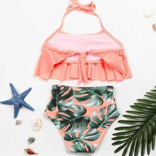 2PCS Ruffle Floral Pink Halter Bikini Swimwear - ChildAngle