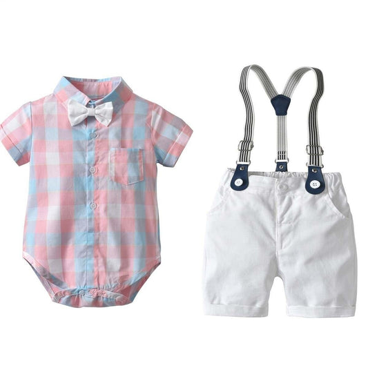 ChildAngle Plaid Bowtie Romper Short Sleeves Suspender Outfit