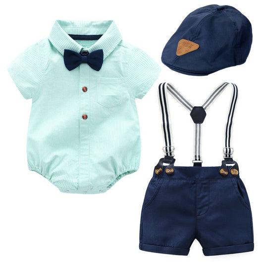 3PCS Baby Boy Bowtie Romper Suspender Baptism Formal Outfit with Baret Hat Newborn Infant Clothing Set - ChildAngle