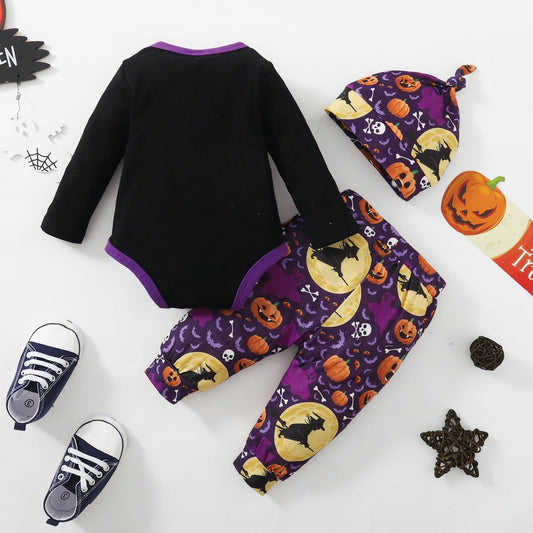 3PCS Baby Halloween Pumpkin and Witch Long-sleeve Romper Set with Hat - ChildAngle