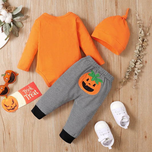 3PCS Halloween Letter and Pumpkin Print Bowknot Baby Romper Set - ChildAngle