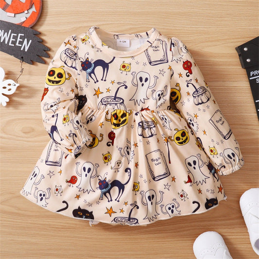 Baby Girls Halloween Long Leeves Baby Romper Pumpkin Ghost Cat Beige Skirt - ChildAngle