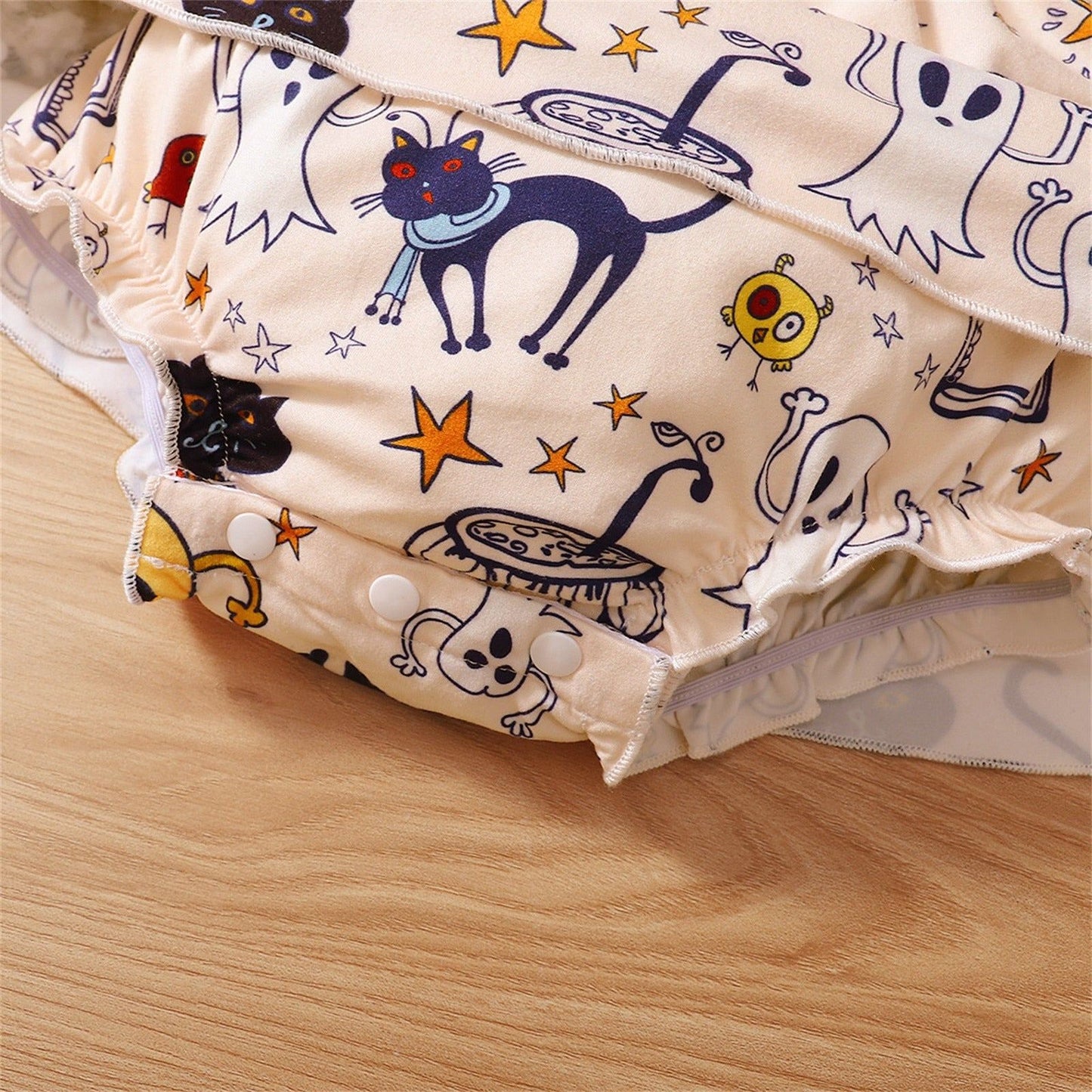 Baby Girls Halloween Long Leeves Baby Romper Pumpkin Ghost Cat Beige Skirt - ChildAngle