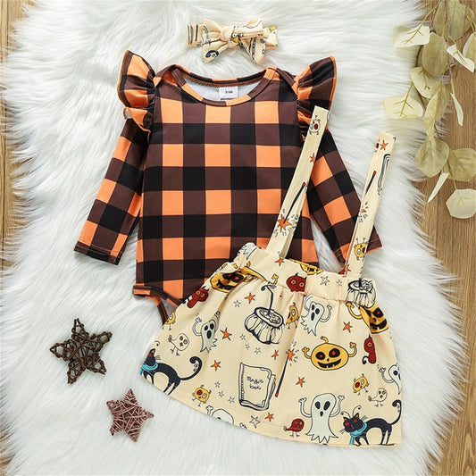 Baby Girls Halloween Plaid Ruffle Long Sleeves Romper Suspender Skirts with Headband - ChildAngle