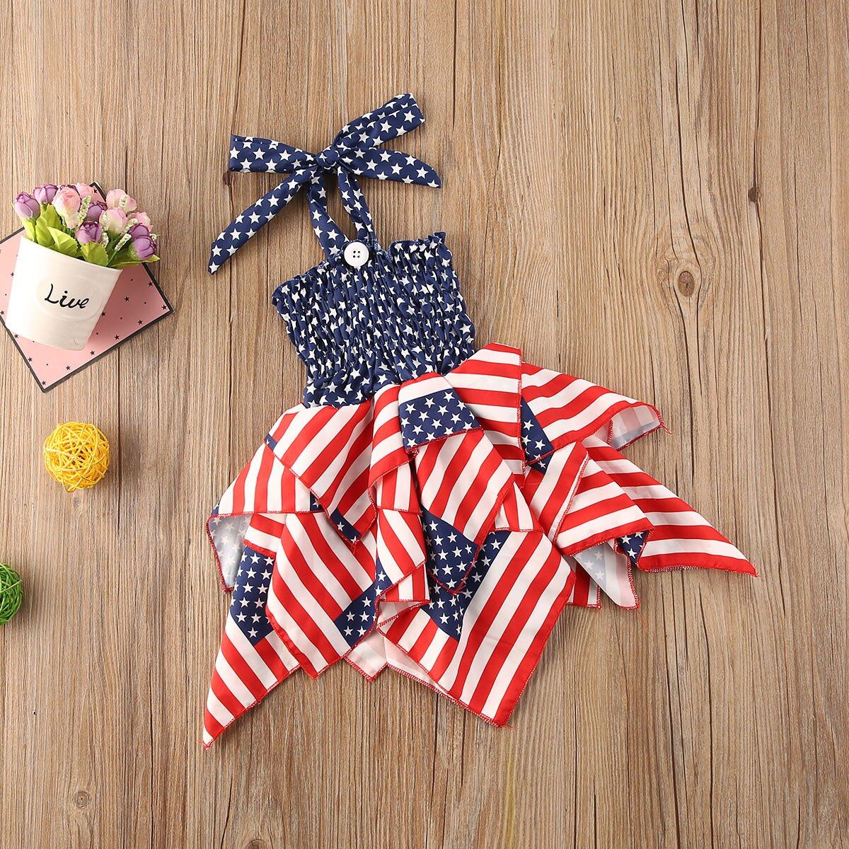Baby Girls Independence Day Outfit Halter Ruffle Dress 4th of July American Flag Stripe Stars Print, Toddler Halter Dress / 4T Baby Girls Independence Day Outfit Halter Ruffle Dress 4th of July American Flag Stripe Stars Print, Toddler Halter Dress / 4T