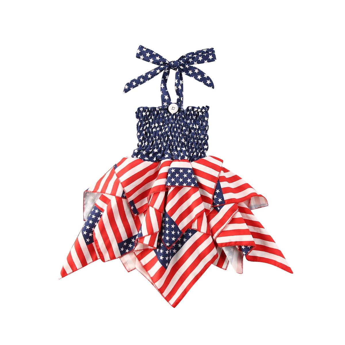 Baby Girls Independence Day Outfit Halter Ruffle Dress 4th of July American Flag Stripe Stars Print - ChildAngle